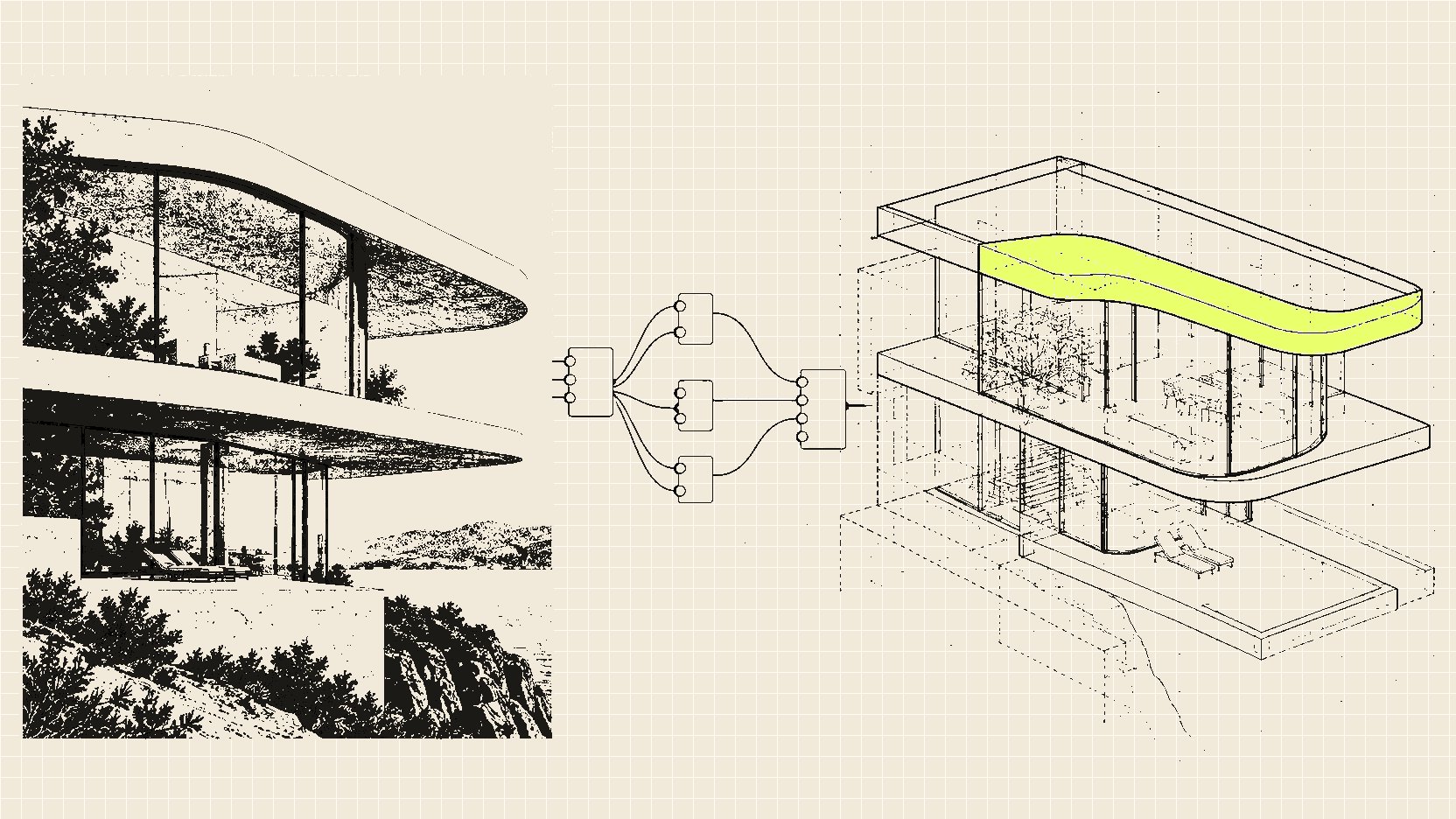 Illustration : à gauche un rendu d'IA d'une villa aux vitrages courbes, à droite la même villa en modèle 3D filaire, reliées par des composants de type Grasshopper.